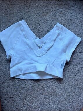 Cropped White V-Neck Ribbed Tee — Women's Short Sleeve